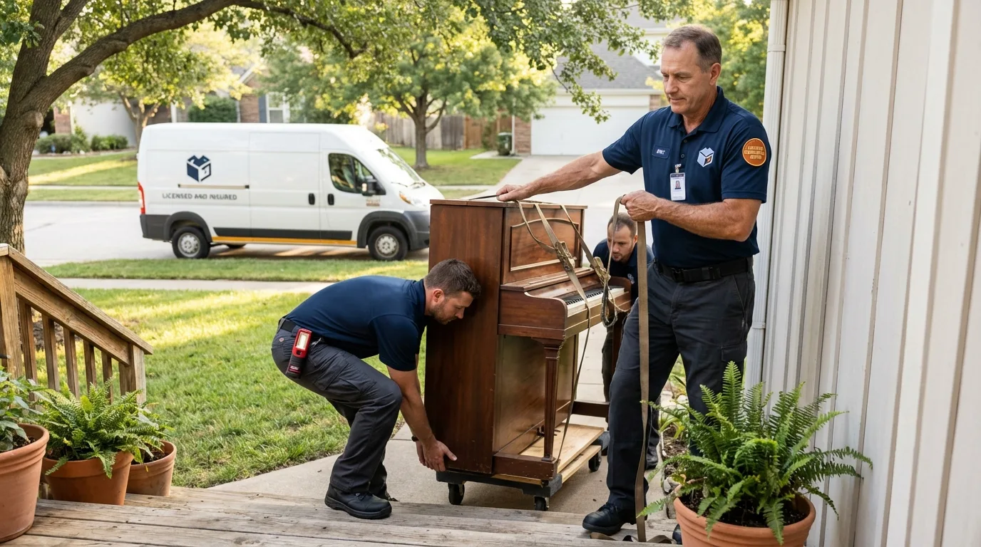 Licensed piano movers securing grand piano in Hilo, HI