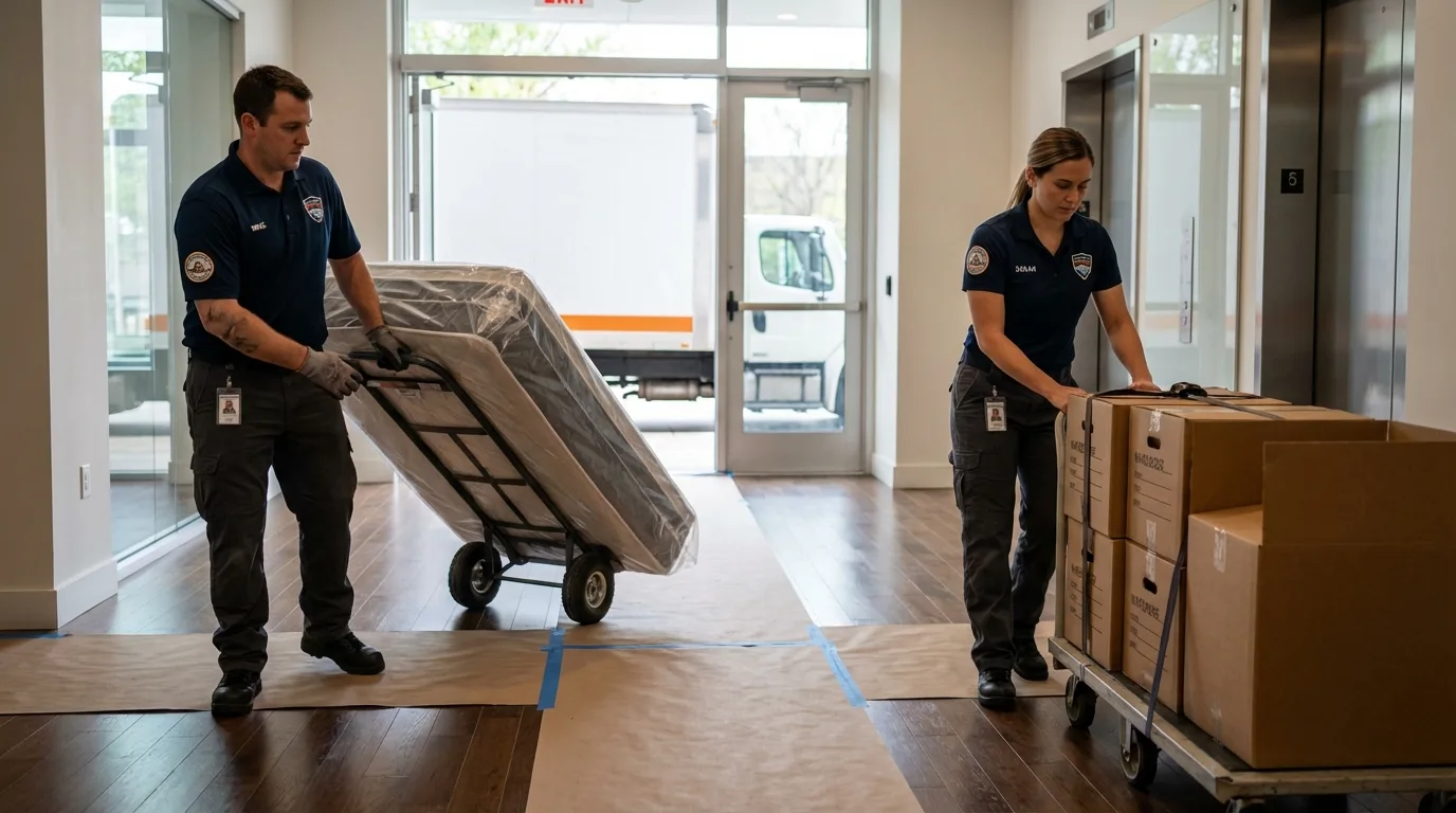 Professional apartment movers loading elevator in Hilo, HI